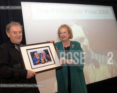 Tony Harrison wins inaugural PEN/Pinter prize presented by the late Pinters wife Lady Antonia Fraser at the British Library October 14 2009.  Tony received a a cartoon by Steve Bell , the cartoon which lampooned Blair and Bush over their instigation of the Iraq war first appeared in the Guardian on October 14 2005 ..copyright©Nick Cunard/Writer Pictures/Rosebud2
