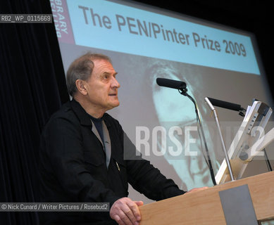 Tony Harrison wins inaugural PEN/Pinter prize presented by the late Pinters wife Lady Antonia Fraser at the British Library October 14 2009.  Tony received a a cartoon by Steve Bell , the cartoon which lampooned Blair and Bush over their instigation of the Iraq war first appeared in the Guardian on October 14 2005 ..copyright©Nick Cunard/Writer Pictures/Rosebud2