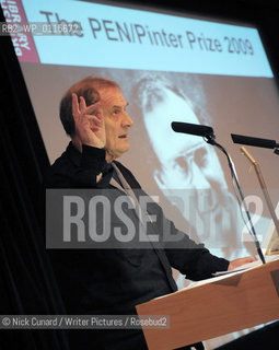 Tony Harrison wins inaugural PEN/Pinter prize presented by the late Pinters wife Lady Antonia Fraser at the British Library October 14 2009.  Tony received a a cartoon by Steve Bell , the cartoon which lampooned Blair and Bush over their instigation of the Iraq war first appeared in the Guardian on October 14 2005 ..copyright©Nick Cunard/Writer Pictures/Rosebud2