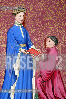 Thomas Hoccleve (1368-1450) .Presenting his book to Henry V..Copyright©NMG/Writer Pictures/Rosebud2