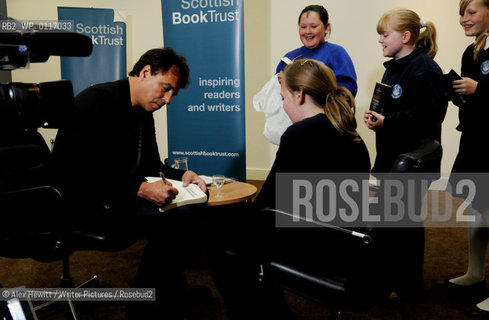 Anthony Horowitz discusses his latest book Necropolis in front of an audience of Edinburgh Schoolchildren while simultaneously being broadcast over the internet to over 10000 school children around Scotland..Copyright©Alex Hewitt/Writer Pictures/Rosebud2