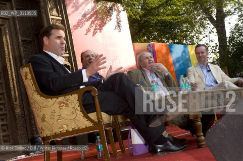 Scotland prsents Under the Kilt  session sponsored  by Scottish govt. to the tune of 10K. seated L-R;  Niall Ferguson, William Dalrymple [chair] Alexander McCall Smith and Andrew O Hagan...NF accused scotland of being like Belarus - not the first place that normally springs to mind ,  unfashionable , unappealing, utterly insignificant . Independence he went onto say would only serve as a punishment and was in this sense desirable. It wouldve meant for instance that the country wouldve been exposed to the liabilities of its cockeyed banks and financial institutions most notably RBS meaning it would ve suffered the same fate as Iceland . ..It was left to AMS and AH to defend their natal home.  AMS countered saying that this was a completely outdated picture and that scotland was a modern dynamic society . AH that scots admittedly downbeat world view was a welcome antidote to the all pervasive, vacuous , american cheeriness  scotland leads the charge in dispelling needless happiness from the world .  he ended the session with a couple of verses of Robert Burns proof positive of the significance of scotland on literary culture echoed today by the likes of Irvine Welsh.. 5th DSC Jaipur Literature Festival, 21-25 Jan 2010.one of the leading literature festivals  in Asia a mix of panel discussions, lectures and readings by world renowned authors . Music also figures prominently in the evening programme...www.jaipurfestival.org ..Roddy Doyle .. 5th DSC Jaipur Literature Festival, 21-25 Jan 2010.one of the leading literature festivals  in Asia a mix of panel discussions, lectures and readings by world renowned authors . Music also figures prominently in the evening programme...www.jaipurfestival.org ..Copyright©Nick Cunard/CHI/Writer Pictures/Rosebud2