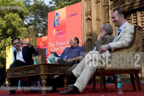 Scotland prsents Under the Kilt  session sponsored  by Scottish govt. to the tune of 10K. seated L-R;  Niall Ferguson, William Dalrymple [chair] Alexander McCall Smith and Andrew O Hagan...NF accused scotland of being like Belarus - not the first place that normally springs to mind ,  unfashionable , unappealing, utterly insignificant . Independence he went onto say would only serve as a punishment and was in this sense desirable. It wouldve meant for instance that the country wouldve been exposed to the liabilities of its cockeyed banks and financial institutions most notably RBS meaning it would ve suffered the same fate as Iceland . ..It was left to AMS and AH to defend their natal home.  AMS countered saying that this was a completely outdated picture and that scotland was a modern dynamic society . AH that scots admittedly downbeat world view was a welcome antidote to the all pervasive, vacuous , american cheeriness  scotland leads the charge in dispelling needless happiness from the world .  he ended the session with a couple of verses of Robert Burns proof positive of the significance of scotland on literary culture echoed today by the likes of Irvine Welsh.. 5th DSC Jaipur Literature Festival, 21-25 Jan 2010.one of the leading literature festivals  in Asia a mix of panel discussions, lectures and readings by world renowned authors . Music also figures prominently in the evening programme...www.jaipurfestival.org ..Roddy Doyle .. 5th DSC Jaipur Literature Festival, 21-25 Jan 2010.one of the leading literature festivals  in Asia a mix of panel discussions, lectures and readings by world renowned authors . Music also figures prominently in the evening programme...www.jaipurfestival.org ..Copyright©Nick Cunard/CHI/Writer Pictures/Rosebud2