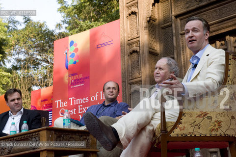 Scotland prsents Under the Kilt  session sponsored  by Scottish govt. to the tune of 10K. seated L-R;  Niall Ferguson, William Dalrymple [chair] Alexander McCall Smith and Andrew O Hagan...NF accused scotland of being like Belarus - not the first place that normally springs to mind ,  unfashionable , unappealing, utterly insignificant . Independence he went onto say would only serve as a punishment and was in this sense desirable. It wouldve meant for instance that the country wouldve been exposed to the liabilities of its cockeyed banks and financial institutions most notably RBS meaning it would ve suffered the same fate as Iceland . ..It was left to AMS and AH to defend their natal home.  AMS countered saying that this was a completely outdated picture and that scotland was a modern dynamic society . AH that scots admittedly downbeat world view was a welcome antidote to the all pervasive, vacuous , american cheeriness  scotland leads the charge in dispelling needless happiness from the world .  he ended the session with a couple of verses of Robert Burns proof positive of the significance of scotland on literary culture echoed today by the likes of Irvine Welsh.. 5th DSC Jaipur Literature Festival, 21-25 Jan 2010.one of the leading literature festivals  in Asia a mix of panel discussions, lectures and readings by world renowned authors . Music also figures prominently in the evening programme...www.jaipurfestival.org ..Roddy Doyle .. 5th DSC Jaipur Literature Festival, 21-25 Jan 2010.one of the leading literature festivals  in Asia a mix of panel discussions, lectures and readings by world renowned authors . Music also figures prominently in the evening programme...www.jaipurfestival.org ..Copyright©Nick Cunard/CHI/Writer Pictures/Rosebud2