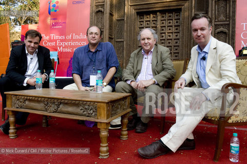 Scotland prsents Under the Kilt  session sponsored  by Scottish govt. to the tune of 10K. seated L-R;  Niall Ferguson, William Dalrymple [chair] Alexander McCall Smith and Andrew O Hagan...NF accused scotland of being like Belarus - not the first place that normally springs to mind ,  unfashionable , unappealing, utterly insignificant . Independence he went onto say would only serve as a punishment and was in this sense desirable. It wouldve meant for instance that the country wouldve been exposed to the liabilities of its cockeyed banks and financial institutions most notably RBS meaning it would ve suffered the same fate as Iceland . ..It was left to AMS and AH to defend their natal home.  AMS countered saying that this was a completely outdated picture and that scotland was a modern dynamic society . AH that scots admittedly downbeat world view was a welcome antidote to the all pervasive, vacuous , american cheeriness  scotland leads the charge in dispelling needless happiness from the world .  he ended the session with a couple of verses of Robert Burns proof positive of the significance of scotland on literary culture echoed today by the likes of Irvine Welsh.. 5th DSC Jaipur Literature Festival, 21-25 Jan 2010.one of the leading literature festivals  in Asia a mix of panel discussions, lectures and readings by world renowned authors . Music also figures prominently in the evening programme...www.jaipurfestival.org ..Roddy Doyle .. 5th DSC Jaipur Literature Festival, 21-25 Jan 2010.one of the leading literature festivals  in Asia a mix of panel discussions, lectures and readings by world renowned authors . Music also figures prominently in the evening programme...www.jaipurfestival.org ..Copyright©Nick Cunard/CHI/Writer Pictures/Rosebud2