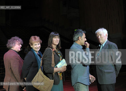 A brace of poets at Queen Elizabeth Hall South Bank centre .Queen Elizabeth Hall, Tuesday 22 September 2009, 7.30pm.to mark 80 years of Faber and Faber published poetry playing to a sell out audience...[L-R Paul,WendyAlice,Daljit,Seamus]. Wendy Cope, Seamus Heaney, Paul Muldoon, Daljit Nagra and Alice Oswald continue that tradition, reading from their own work and from their favourite Faber poets from the past. This 80th anniversary celebration also includes music and archive recordings interspersed with poetry readings from these renowned figures...copyright©Nick Cunard/Writer Pictures/Rosebud2