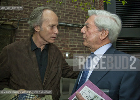 Richard Ford and Mario Vargas Llosa chats with his translator Edith Grossman at a party at the Instituto Cervantes during the 2008 PEN Conference in New York City, May 2, 2008.  ..©Miriam Berkley/Writer Pictures/Rosebud2