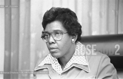 Congresswoman Barbara Jordan, head-and-shoulders portrait, seated in a Congressional chamber.April 7th 1976..copyright©Thomas OHalloran/LOC/Writer Pictures/Rosebud2