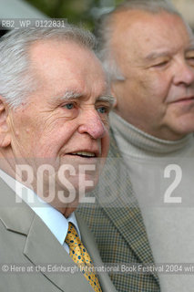 25 August 2004- Edinburgh, UK- Iceland-born scottish  writer, broadcaster and journalist Magnus Magnusson. He is the author of The Vikings, a history of the Viking era..©Here at the Edinburgh International Book Festival 2004 with icelandic writer Matthias Johannessen...Pascal Saez/Writer Pictures/Rosebud2