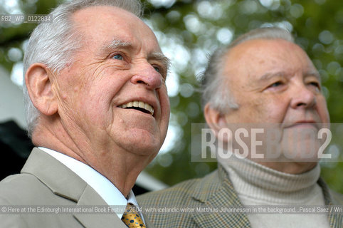 25 August 2004- Edinburgh, UK- Iceland-born scottish  writer, broadcaster and journalist Magnus Magnusson. He is the author of The Vikings, a history of the Viking era..©Here at the Edinburgh International Book Festival 2004, with icelandic writer Matthias Johannessen in the background...Pascal Saez/Writer Pictures/Rosebud2