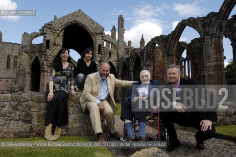 Sundial Scottish Arts Council Book of the Year Award..Overall Winner Edwin Morgan pictured with ceremony host Rory Bremner at Melrose Abbey in the Scottish Borders. .The event was held at the Borders Book Festival.also in this picture: l-r Jane McKee (first book prize), Ali Smith (fiction), Alastair Moffat (Borders Book Festival)..His book of poetry, A Book of Lives, took the overall prize.FREE PICTURE FOR FIRST USE OR EVENT PUBLICITY.Please Credit: Colin Hattersley/Writer Pictures..copyright©Colin Hattersley/Writer Pictures.contact 0044 (0) 208 241 003/Writer Pictures/Rosebud2