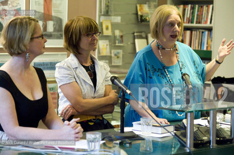 Sarah Dunant [brown bob hair] and Hilary Mantel [blue] discuss the particular challenges of writing historical novels and the importance of research with Joanna Bourke, Professor of History at Birkbeck College at the LRB Bookshop Bury Place , Wc1..copyright©Nick Cunard/Writer Pictures/Rosebud2