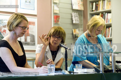 Sarah Dunant [brown bob hair] and Hilary Mantel [blue] discuss the particular challenges of writing historical novels and the importance of research with Joanna Bourke, Professor of History at Birkbeck College at the LRB Bookshop Bury Place , Wc1..copyright©Nick Cunard/Writer Pictures/Rosebud2