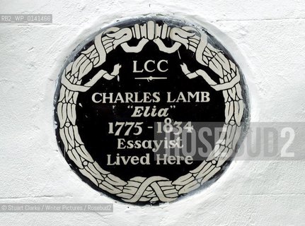 Plaque For Charles Lamb the Essayist who lived in Colbrooke Row London N1. ..copyright©Stuart Clarke/Writer Pictures/Rosebud2