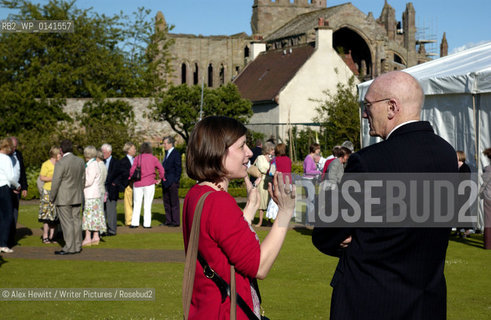 Borders Book Festival in Melrose..Pru Rowlandson from Granta and Reverend Richard F. Holloway talking in the foreground of the picture..Copyright©Alex Hewitt/Writer Pictures/Rosebud2