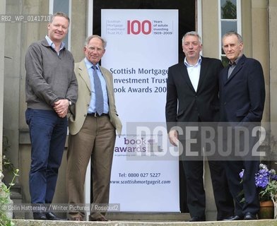 James Kelman, winner of the Scottish Arts Council Book of the year award. Pictured here with event host Rory Bremner and Scottish Mortgage Investment Trust sponsors Chairman Sir Donald MacKay(l) and Chief Executive Jim Tough at the sixth Borders Book Festival in Melrose today (Thursday), which runs until Sunday. Four days of book events which cover current affairs, history, entertainment, travel and music...For more info please contact Maggie Page at the Scottish Arts Council.please credit:.Copyright©Colin Hattersley/Writer Pictures/Rosebud2