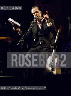 The first in a series of special live events marking the publication of Nick Caves new novel  The Death of Bunny Munro [Canongate ].  Palace Theartre , London W1. ..Taking place in intimate theatre settings these unique shows will be a mix of readings and live music, with Cave joined by Warren Ellis and Martyn Casey. ..copyright©Nick Cunard/Writer Pictures/Rosebud2