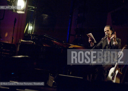 The first in a series of special live events marking the publication of Nick Caves new novel  The Death of Bunny Munro [Canongate ].  Palace Theartre , London W1. ..Taking place in intimate theatre settings these unique shows will be a mix of readings and live music, with Cave joined by Warren Ellis and Martyn Casey. ..copyright©Nick Cunard/Writer Pictures/Rosebud2