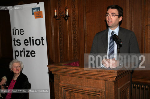 Andy Burnham, Culture Secretary, pictured with Mrs. T.S. Eliot at the presentation of the TS Eliot Prize for Poetry,  London 120109..copyright©Adrian Lourie/Writer Pictures/Rosebud2