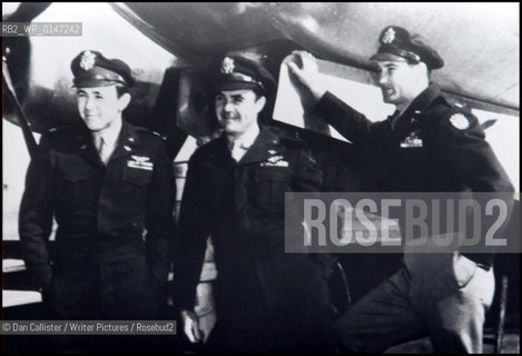 Captain Theodore Dutch  Van Kirk (84) July 25, 2005 who was the Navigating Officer on the B29 Bomber Anola Gay which dropped the atomic bomb on Hiroshima August 06, 1945.  It is the 60th Anniversary 06  August 2005.  Photograph of (L-R) Dutch Van Kirk, Colonel Paul Tibbets and Major Thomas Ferebee after returning from Hiroshima..copyright©Dan Callister/Writer Pictures/Rosebud2