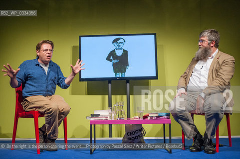 Edward Carey (left) , British writer and illustrator, on stage at the Edinburgh International Book Festival. 10th August 2014..©.On the right is the person chairing the event.....Photograph by Pascal Saez/Writer Pictures/Rosebud2