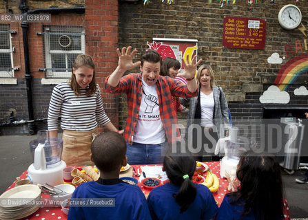 Jamie Oliver, British chef, at the Rhyl Primary School in North London to celebrate the Annual Food Revolution Day on May 15, 2015. ..Copyright©David Sandison/Writer Pictures/Rosebud2