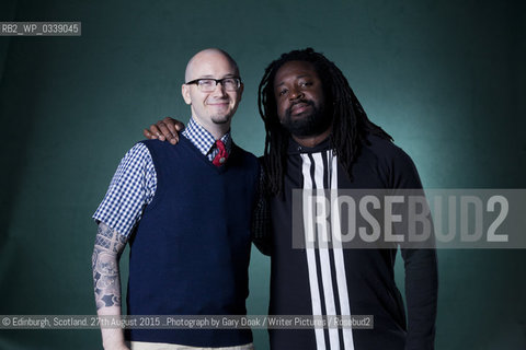 Ryan Gattis (left), the American novelist, with Marlon James, the Jamaican Man Booker Prize nominee, at the Edinburgh International Book Festival 2015..©Edinburgh, Scotland. 27th August 2015 ..Photograph by Gary Doak/Writer Pictures/Rosebud2