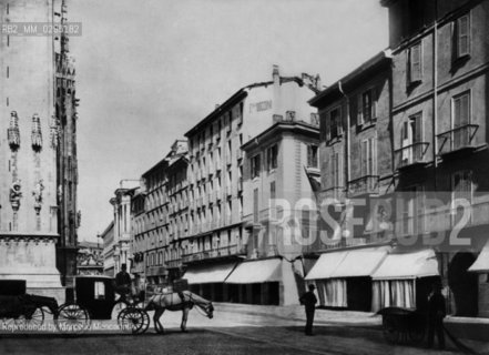 Milan, about 1870. Outlet of Corso Milano in Piazza Duomo: parking of public vehicles at Camposanto , in frnt of Baj confectionery, in the BVocconi brothers building where some years later will arise La Rinascente Mall / Milano, 1870 circa. Sbocco di corso Vittorio Emanuele II in piazza Duomo: parcheggio dei brum, vetture pubbliche, in Camposanto, di fronte alla confetteria Baj, ledificio dei fratelli Bocconi dove alcuni anni dopo sorgerà La Rinascente - Reproduced by Marcello Mencarini
/Rosebud2