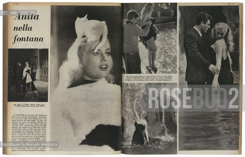Anita nella fontana (Settimo Giorno, 23 aprile 1959). Lattrice Anita Ekberg sul set de La dolce vita durante le riprese della celebre scena nella fontana di Trevi  / Anita in the Fountain (Settimo Giorno magazine, April 23 1959). Actress Anita Ekberg on the set of movie La Dolce Vita during the shooting of famous Trevi Fountain scene - Reproduced by Marcello Mencarini
/Rosebud2