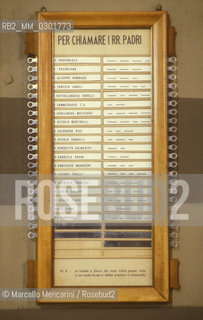 Bologna, 1983. Friary of Frati minori dellAntoniano (Franciscan friars of Saint Anthony). Doorbell with a code to calling the friars. The lines next the names indicate how many times and how long to push the buzzer to call the friars / Bologna, 1983. Convento dei Frati minori dellAntoniano. Campanello con il codice per chiamatre i frati. Le linee a fianco dei nomi indicano quante volte e quanto a lungo premere il campanello per chiamare i frati - ©Marcello Mencarini/Rosebud2
