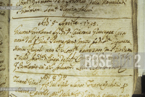 Baptismal act of Giacomo Casanova. He was baptized on April 5, 1725 in St. Samuel Church in Venice/ Atto di battesimo di Giacomo Casanova. Fu battezzato il 5 aprile 1725 nella chiesa di San Samuele a Venezia - ©Marcello Mencarini/Rosebud2