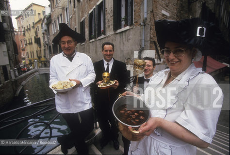 Venice, 1998. Staff of the Ivos Restaurant on Ramo dei Fuseri at 1809. Here was located the pied-a-terre of Marco Dandolo, friend and patron of Giacomo Casanova that used it as usual place of residence until the Dandolos death / Venezia, 1998. Lo staff del ristorante da Ivo in calle dei fuseri al numero 1809. Qui si trovava il casino di Marco Dandolo, amico e protettore di Casanova che lo usò come luogo di rappresentanza fino alla morte del Dandolo  - ©Marcello Mencarini/Rosebud2