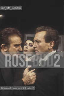 Rome, 1986. Italian theater actors Alberto Lionello, Erika Blanc and Osvaldo Ruggieri in The Rules of the Game by Luigi Pirandello / Roma, 1986. Gli attori Alberto Lionello, Erika Blanc e Osvaldo Ruggieri in Il giuoco delle parti di Luigi Pirandello - ©Marcello Mencarini/Rosebud2