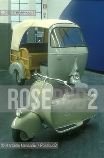 PIAGGIO MUSEUM IN PONTEDERA -  Vespa MP5 Paperino, either duckling or Donald Duck in Italian (1945) and Ape car / MUSEO PIAGGIO di Pontedera - Vespa MP5 Paperino (1945) e furgone Ape - ©Marcello Mencarini/Rosebud2