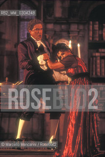 Rome, Olympic Stadium, 1998. Ukrainian soprano Maria Guleghina and Italian bass-baritone Ruggero Raimondi (as Scarpia) in Tosca / Roma, Stadio Olimpico, 1998. Il soprano Maria Guleghina e il basso-baritono Ruggero Raimondi (nel ruolo di Scarpia) in Tosca - ©Marcello Mencarini/Rosebud2