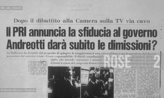 Telebiella, the first private tv station in Italy to break the monopoly of RAI Italian public television: Article of Il Resto del Carlino newspaper (May 29, 1973) about the government crisis caused by the Minister Gioia Decree, which imposed the closure of Telebiella to protect the monopoly of RAI Italian public television / Telebiella, la prima televisione privata in Italia a rompere il monopolio della RAI: Articolo del Resto del Carlino (29 maggio 1973) sulla crisi di governo provocata dal decreto del ministro Gioia, che imponeva la chiusura di Telebiella per proteggere il monopolio della RAI - ©Marcello Mencarini/Rosebud2