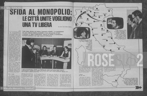Telebiella, the first private tv station in Italy to break the monopoly of RAI Italian public television: Article of a magazine (1973) about the alliance among all Italian local cable televisions against the closure of Telebiella imposed by the Decree of the Minister Gioia to protect the monopoly of RAI Italian public television / Telebiella, la prima televisione privata in Italia a rompere il monopolio della RAI: Articolo di una rivista (1973) sullalleanza tra le televisioni locali via cavo italiane contro la chiusura di Telebiella imposta dal decreto del ministro Gioia per proteggere il monopolio della RAI - ©Marcello Mencarini/Rosebud2