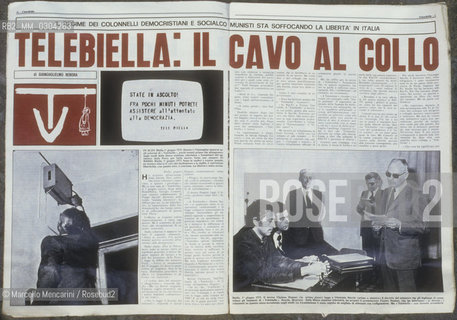Telebiella, the first private tv station in Italy to break the monopoly of RAI Italian public television: Article of Il Candido magazine (1973) about the closure of Telebiella imposed by the Decree of the Minister Gioia to protect the monopoly of RAI Italian public television / Telebiella, la prima televisione privata in Italia a rompere il monopolio della RAI: Articolo della rivista Candido (1973) sulla chiusura di Telebiella imposta dal decreto del ministro Gioia per proteggere il monopolio della RAI - ©Marcello Mencarini/Rosebud2