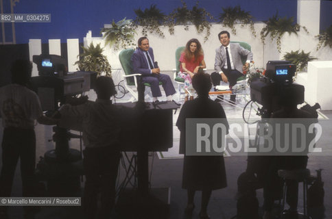 Renzo Villa, founder of the Italian private television station Antenna 3 (third from the left), and Patrizia Cecchi during a tv program (about 1980) / Renzo Villa, fondatore della televisione privata italiana Antenna 3 (terzo da sinistra), e Patrizia Cecchi durante un programma (1980 circa) - ©Marcello Mencarini/Rosebud2