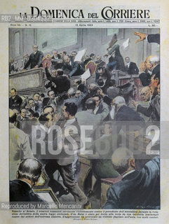 Copertina della Domenica del Corriere del 12 aprile 1953. Rissa al Senato: i senatori comunisti inveiscono contro il presidente dellassemblea durante la votazione sulla nuova legge elettorale, definita dallopposizione legge truffa. Questa legge aggiungeva una modifica al sistema proporzionale in vigore, assegnando al partito o alla coalizione che avesse ottenuto il 50% più uno dei voti il premio di maggioranza del 65% dei seggi alla Camera. Venne abrogata lanno successivo. / Cover of the Italian Magazine La Domenica del Corriere of 12 April 1953. Brawl in the Senate: Communists inveigh against the President of the Assembly during the vote on the new electoral law, called by the opposition swindle law. This law added an amendment to the proportional system in force in Italy, giving the party or coalition getting 50% plus one vote, the majority premium of 65% of the seats in the Chamber of Deputies. It was repealed the following year - Reproduced by Marcello Mencarini
/Rosebud2