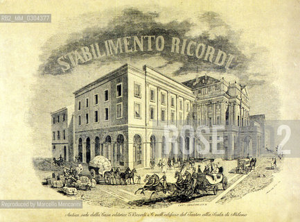 Headquarters of the publishing house Ricordi in the building of La Scala Theater in Milan in XIXth century. This was the publishing house of composer Giuseppe Verdi, that was also a friend of its founder, Giovanni Ricordi, and then of his son Tito and his nephew Giulio. Lithography by Alessandro Sanquirico shown in the exhibition Giuseppe Verdi, luomo, lopera, il mito (Giuseppe Verdi, the Man, the Work, the Myth), organized in November 2000 at Palazzo Reale in Milan, on occasion of the Verdis death centenary / Exhibition for the Verdis death Centenary. Palazzo Reale, Milan, Nov 2000) / Sede della casa editrice Ricordi nelledificio del Teatro alla Scala di Milano nel diciannovesimo secolo. Fu la casa editrice del compositore Giuseppe Verdi, che fu anche amico del suo fondatore, Giovanni Ricordi e poi di suo figlio Tito e suo nipote Giulio. Litografia di Alessandro Sanquirico nella mostra Giuseppe Verdi, luomo, lopera, il mito, organizzata nel novembre 2000 nel Palazzo reale di Milano, in occasione del centenario dalla morte di Verdi - Reproduced by Marcello Mencarini
/Rosebud2