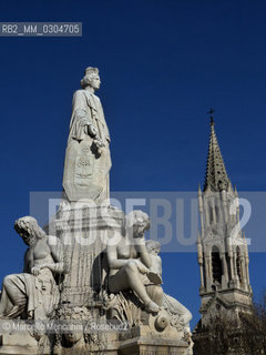 Nîmes, France. The main statue of the Pradier Fountain (Fontaine Pradier, 1851), that represents the city of Nimes in the form of woman. The four statues at its base represent the four main sources of water in the region: the headwaters of Nîmes, the Gardon River, the headwaters of the Eure, the river Rhone / Nîmes, Francia. La statua principale della Fontana Pradier (1851), che rappresenta la città di Nîmes in forma di donna. Le quattro statue aila sua base rappresentano le quattro principali fonti dacqua della regione: le sorgenti di Nîmes,il fiume Gardon, le sorgenti dellEure, il fiume Rodano - ©Marcello Mencarini/Rosebud2