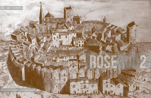 Arles, Musée départemental Arles antique, 2013. Print of The Arles Amphitheatre (French: Les Arènes dArles) with houses inside during the Middle Ages / Arles, Musée départemental Arles antique, 2013. Stampa raffigurante lanfiteatro di Arles (Les Arènes d Arles) con abitazioni allinterno durante il Medioevo - ©Marcello Mencarini/Rosebud2