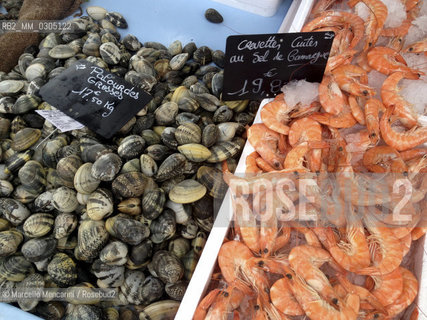 France, Provence, 2013. Clams and Shrimps at the market in Arles / Francia, Provenza, 2013. Scampi e molluschi al mercato di Arles - ©Marcello Mencarini/Rosebud2