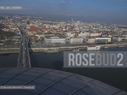 Bratislava and the Danube river seen from the panoramic terrace of the restaurant UFO on the New Bridge (Novy Most), 2010 / Veduta di Bratislava e del fiume Danubio visti dalla terrazza panoramica del ristorante UFO sul Ponte Nuovo (Novy Most), 2010 - ©Marcello Mencarini/Rosebud2