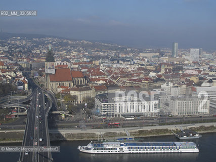 Bratislava and the Danube river seen from the panoramic terrace of the restaurant UFO on the New Bridge (Novy Most), 2010 / Veduta di Bratislava e del fiume Danubio visti dalla terrazza panoramica del ristorante UFO sul Ponte Nuovo (Novy Most), 2010 - ©Marcello Mencarini/Rosebud2