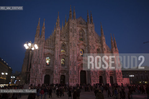 Milan, October 1, 2010, Led Light Exhibition Design: Sacred Light by Castagna & Ravelli with Jacopo Tiscar. Lighting of the Milan Cathedral for revealing from inside its stained glass windows, in collaboration with the Venerable Fabbrica del Duomo in Milan, Philips Technical Sponsor; Giemme Events Production, Staging Amerigo Anfossi / Milano, primo ottobre 2010, Festival Internazionale della Luce: Luce sacra di Castagna&Ravelli con Iacopo Tiscar. Illuminazione del Duomo di Milano che dallinterno rivela le sue vetrate, In collaborazione con la Veneranda Fabbrica del Duomo di Milano, Sponsor Tecnico  Philips; Produzione Giemme Eventi; Allestimento Amerigo Anfossi - ©Marcello Mencarini/Rosebud2