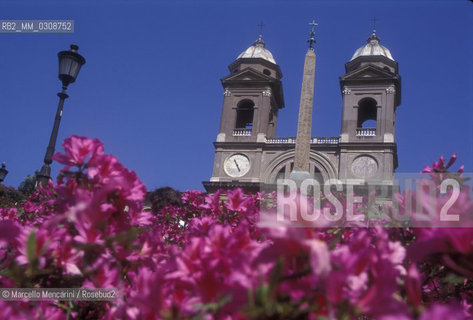 Rome, Bell towers of Trinità dei Monti Church. In the foreground, the azaleas that adorn the steps of Piazza di Spagna in spring / Roma, Campanili della chiesa di Trinità dei Monti. In primo piano, le azalee che in primavera decorano la scalinata di piazza di Spagna - ©Marcello Mencarini/Rosebud2