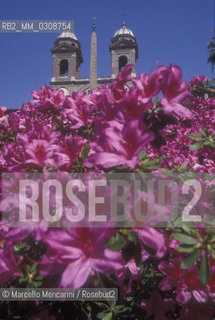 Rome, Bell towers of Trinità dei Monti Church. In the foreground, the azaleas that adorn the steps of Piazza di Spagna in spring / Roma, Campanili della chiesa di Trinità dei Monti. In primo piano, le azalee che in primavera decorano la scalinata di piazza di Spagna - ©Marcello Mencarini/Rosebud2