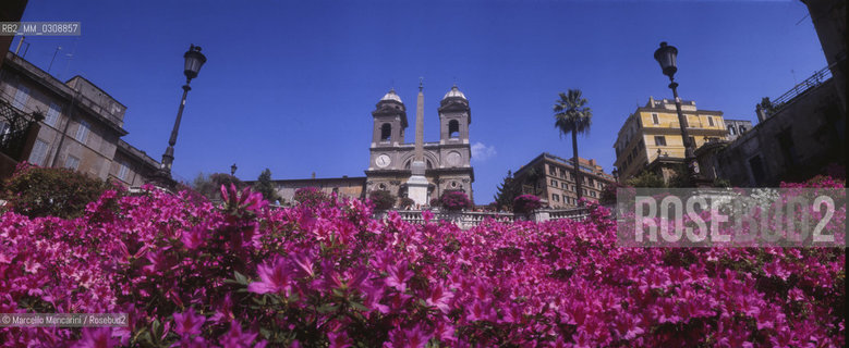 Rome, Bell towers of Trinità dei Monti Church. In the foreground, the azaleas that adorn the steps of Piazza di Spagna in spring / Roma, Campanili della chiesa di Trinità dei Monti. In primo piano, le azalee che in primavera decorano la scalinata di piazza di Spagna - ©Marcello Mencarini/Rosebud2